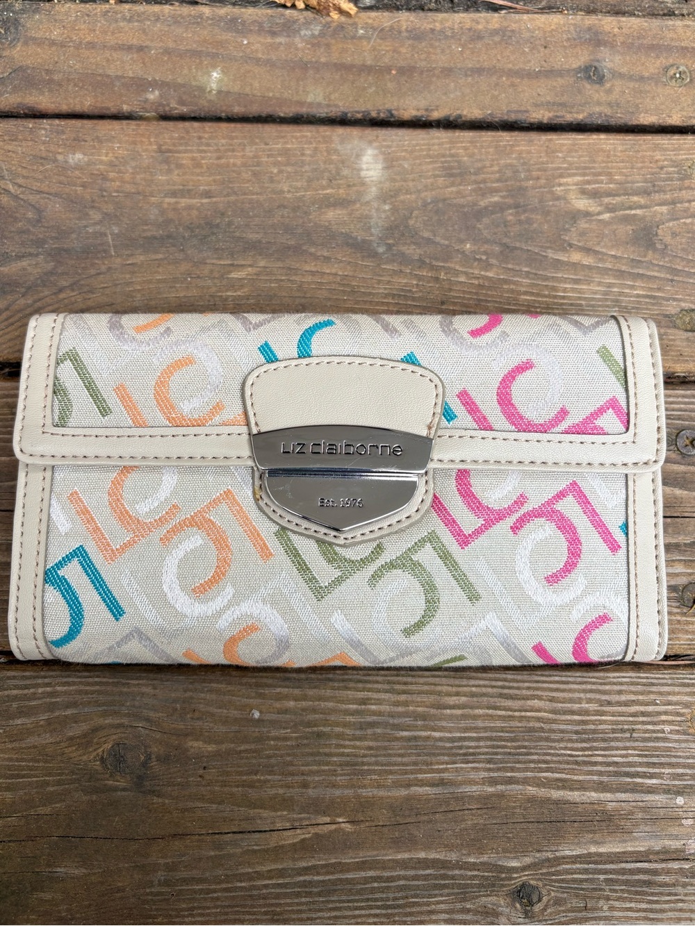 Liz Claiborne Cream Wallet with Multicolor Logo Print